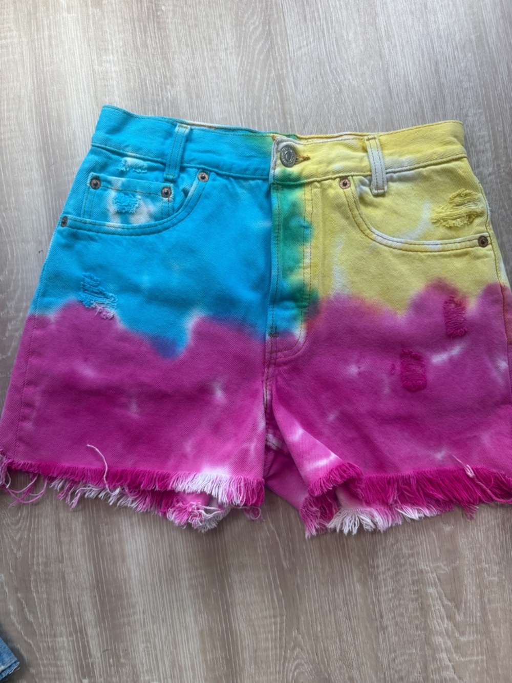 Levi's Tie-Dye High-Waist Denim Shorts - Blue, Yellow & Pink